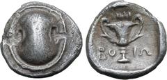 GREEK Boiotia, Federal Coinage AR Hemidrachm(?). Thebes, struck under the First and Second Boiotian Leagues, circa 395-340 BC. Boiotian shield / Kantharos, horizontal club above; ΒΟ-ΙΩ across fields; 