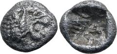 GREEK Persia, Achaemenid Empire AR 1/48 Stater. Time of Kyros - Darios I, in the types of Kroisos. Sardes, circa 550-520 BC. Head of roaring lion to right / Irregular incuse punch. GRPC Lydia S13 = Na