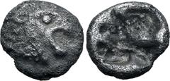 GREEK Persia, Achaemenid Empire AR 1/48 Stater. Time of Kyros - Darios I, in the types of Kroisos. Sardes, circa 550-520 BC. Head of roaring lion to right / Irregular incuse punch. GRPC Lydia S13 = Na