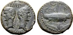 ROMAN PROVINCIAL Augustus and Agrippa Æ As of Nemausus, Gaul. Circa 10 BC-AD 10. Back to back laureate and rostral crowned head of Agrippa to left and head of Augustus to right, wearing oak wreath; IM