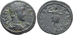 ROMAN PROVINCIAL Geta, as Caesar, Æ 22mm of Hermocapelia, Lydia. AD 198-209. Tryphon, magistrate. Λ CЄΠ•ΓЄΤAC KA, bare-headed, draped and cuirassed bust to right / ЄCT TPYΦѠΝΟ ЄΡΜΟΚAΠ, Artemis standin