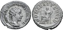 ROMAN IMPERIAL Gordian III AR Antoninianus. Rome, AD 240. IMP GORDIANVS PIVS FEL AVG, radiate, draped and cuirassed bust to right / ROMAE AETERNAE, Roma seated to left on shield, holding Victory and s