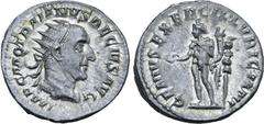 ROMAN IMPERIAL Trajan Decius AR Antoninianus. Rome, AD 249-251. IMP C M Q TRAIANVS DECIVS AVG, radiate, draped and cuirassed bust to right / GENIVS EXERC ILLVRICIANI, Genius, wearing polos on head, st