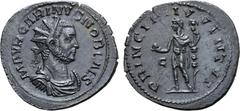 ROMAN IMPERIAL Carinus, as Caesar, BI Antoninianus. Lugdunum, AD 282-283. M AVR CARINVS NOB CAES, radiate, draped and cuirassed bust to right / PRINCIPI IVVENTVT, prince standing to left, holding glob