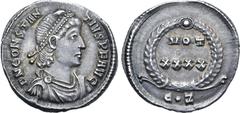 ROMAN IMPERIAL Constantius II AR Siliqua. Constantinople, AD 355-361. D N CONSTANTIVS P F AVG, pearl-diademed, draped and cuirassed bust to right / VOT XXXX in two lines within wreath with jewel at ap