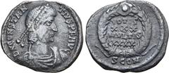 ROMAN IMPERIAL Constantius II AR Reduced Siliqua. Arelate, AD 355-360. D N CONSTANTIVS P F AVG, pearl-diademed, draped and cuirassed bust to right / VOTIS XXX MVLTIS XXXX in four lines within wreath w