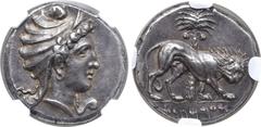 Greek No Reserve Sicily, Siculo-Punic AR Tetradrachm. 'People of the Camp' mint (Entella?), circa 320-315 BC. Female head (Artemis-Tanit or Elissa-Dido?) to right, wearing Phrygian tiara / Lion walkin