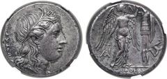 Greek No Reserve Sicily, Syracuse AR Tetradrachm. Time of Agathokles, circa 310-305 BC. Head of Kore to right, wearing wreath of grain ears and single-pendant earring; KOPAΣ behind / Nike standing to 