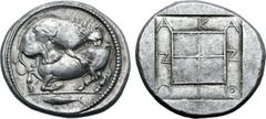 Greek No Reserve Macedon, Akanthos AR Tetradrachm. Circa 470-430 BC. Bull collapsing to left, head raised, attacked and mauled by lion upon his back to right; tunny fish to left in exergue / AKANΘION 