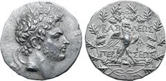 Greek No Reserve Kingdom of Macedon, Perseus AR Tetradrachm. Amphipolis or Pella mint, circa 171-168 BC. Reduced standard. Au-, mintmaster. Diademed head to right / Eagle, with wings spread, standing 