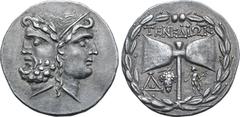 Greek No Reserve Islands off Troas, Tenedos AR Tetradrachm. Circa 160-70 BC. Janiform head of a laureate bearded male to left and female to right, wearing stephanos / Labrys; TENEΔIΩN above, handle fl