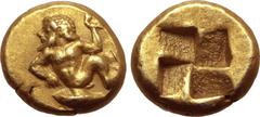 Greek No Reserve Mysia, Kyzikos EL Hemihekte - 1/12 Stater. Circa 550-450 BC. Triton reclining to left, holding wreath in raised left hand, leaning on left elbow; tunny fish to left below / Quadripart