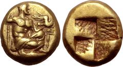 Greek No Reserve Mysia, Kyzikos EL Hemihekte - 1/12 Stater. Circa 450-400 BC. Zeus, nude to waist, kneeling to right, holding sceptre with his right hand, eagle taking flight from his extended left ha