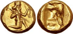 Greek No Reserve Persia, Achaemenid Empire AV Daric. Time of Darios I to Xerxes II. Sardes, circa 485-420 BC. Persian Great King or hero, wearing kidaris and kandys, in kneeling-running stance to righ