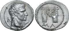 Roman Provincial No Reserve Augustus AR Drachm of Masicytus, Lycia. 27-20 BC. Bare head of Augustus assimilating features of Agrippa to right; Λ-Y across fields / Two citharas; MA below. RPC I 3309; S