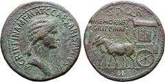 Roman Imperial No Reserve Agrippina I (mother of Caligula) Æ Sestertius. Rome, AD 37-41. AGRIPPINA M F MAT C CAESARIS AVGVSTI, draped bust to right / Carpentum, with ornamented side and cover supporte