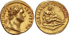 Roman Imperial No Reserve Domitian AV Aureus. Rome, AD 88. DOMITIANVS AVGVSTVS, laureate head to right / GERMANICVS COS XIIII, Germania seated to right on shield; broken spear below. RIC II.1 560 (sam