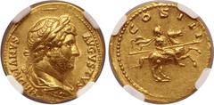 Roman Imperial No Reserve Hadrian AV Aureus. Rome, AD 125-127. HADRIANVS AVGVSTVS, laureate, draped and cuirassed bust to right / COS III, emperor on horseback to right, brandishing spear. RIC II.3 77