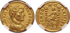Roman Imperial No Reserve Aurelian AV Aureus. Mediolanum, AD 270. IMP C AVRELIANVS AVG, laureate, draped and cuirassed bust to right / CONCORDIA MILI, Concordia seated to left, holding standard in eac
