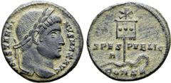 Roman Imperial No Reserve Constantine I 'the Great' BI Nummus. Constantinople, AD 327. CONSTANTINVS MAX AVG, laureate head to right / Labarum, with three medallions on vexillum and surmounted by Chris