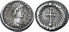 Byzantine No Reserve Justinian I AR Heavy 1/8 Siliqua. Ravenna, AD 540-552. D N IVSTINIANVS P P A, diademed bust to right, wearing ornamented robe / Long Christogram set on globe, all within wreath. B