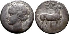 Greek North Africa, Carthage BI Tridrachm. Second Punic War, circa 215-210 BC. Youthful head of Tanit to left, wearing wreath of corn ears / Horse standing to right, palm tree behind. CNP 185; SNG Cop