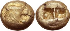 Greek Kingdom of Lydia, Alyattes EL Trite - 1/3 Stater. Sardes, circa 600-561 BC. Head of roaring lion to right, sunburst with five(?) rays on forehead / Two incuse square punches. GRPC Lydia G25; Wei