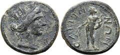 Greek Lydia, Saitta Æ 17mm. Pseudo-autonomous issue, circa AD 100-218. Turreted head of Tyche to right / ϹΑΙΤΤΗΝΩΝ, nude figure of Apollo standing facing, head to left, holding branch and bow. GRPC Ly