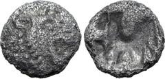Greek Persia, Achaemenid Empire AR 1/48 Stater. Time of Kyros - Darios I, in the types of Kroisos. Sardes, circa 550-520 BC. Head of roaring lion to right / Irregular incuse punch. GRPC Lydia S13 = Na