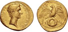 Roman Imperial Augustus AV Aureus. Italian mint (Rome?), 27 BC. CAESAR•COS•VII•CIVIBVS•SERVATEIS, bare head to right / AVGVSTVS, eagle with spread wings and head turned to left, standing facing upon c