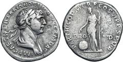 Roman Imperial Trajan AR Denarius. Rome, AD 116-117. IMP CAES NER TRAIAN OPTIM AVG GERM DAC, laureate and draped bust to right / PARTHICO P M TR P COS VI P P S P Q R, Providentia standing to left, poi