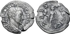 Roman Imperial Maximinus I AR Hybrid Denarius. Rome, AD 235. IMP MAXIMINVS PIVS AVG, laureate, draped and cuirassed bust to right / SPES PVBLICA, Spes walking to left, holding flower and raising skirt