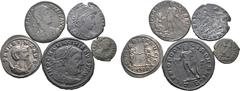 Roman Imperial Lot of 5 Late Roman BI and Æ Coins. Includes: 1. Maximian II BI Nummus. Thessalonica, circa AD 302-303. IMP C M A MAXIMIANVS P F AVG, laureate head to right / GENIO POPVLI ROMANI, Geniu