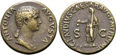 Medieval & World Cast Copy: Antonia (mother of Claudius) Æ Dupondius. After Rome, AD 41-50. ANTONIA AVGVSTA, draped bust to right / TI CLAVDIVS CAESAR AVG P M TR P IMP, Claudius, veiled and togate, st
