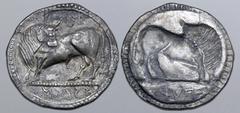 GREEK Please note this lot is not suitable for US Import. Lucania, Sirinos (Siris) in alliance with Pyxoes (Pixos) AR Stater. Circa 540-510 BC. Bull standing to left, head reverted; ΣIΡIN-OΣ retrograd