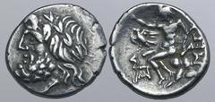 GREEK Arkadia, Megalopolis AR Triobol or Hemidrachm. Circa 80-50 BC. Laureate head of Zeus to left / Pan seated to left on rock, right hand raised and holding lagobolon with left, with eagle to left a