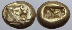 GREEK Kingdom of Lydia, Alyattes EL Trite - 1/3 Stater. Sardes, circa 600-561 BC. Head of roaring lion to right, sunburst with five rays on forehead / Two incuse square punches. GRPC Lydia G25; Weidau