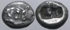 GREEK Kingdom of Lydia, Kroisos AR Siglos. Sardes, circa 561-564 BC. Confronted foreparts of lion to right and bull to left / Two incuse square punches of unequal size. GRPC Lydia S3; Rosen 663-5; SNG