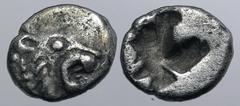 GREEK Persia, Achaemenid Empire AR 1/48 Stater. Time of Kyros - Darios I, in the types of Kroisos. Sardes, circa 550-520 BC. Head of roaring lion to right / Irregular incuse punch. GRPC Lydia S13 = Na