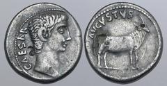 ROMAN IMPERIAL Augustus Fourrée Denarius. Samos or Pergamum(?), 21-20 BC. CAESAR, bare head to right / AVGVSTVS, bull standing to right. For prototype, cf. RIC I 475 (Samos?); cf. BMCRE 663 (uncertain