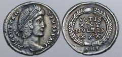 ROMAN IMPERIAL Constantius II AR Siliqua. Antioch, AD 347-355. D N CONSTANTIVS P F AVG, pearl-diademed head to right / VOTIS XXV MVLTIS XXX in four lines within wreath; ANT below. RIC VIII 106; RSC 34