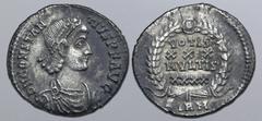 ROMAN IMPERIAL Constantius II AR Siliqua. Sirmium, AD 351-355. D N CONSTANTIVS P F AVG, pearl-diademed, draped and cuirassed bust to right / VOTIS XXX MVLTIS XXXX in four lines within laurel wreath wi