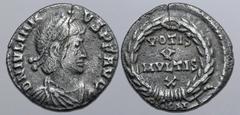 ROMAN IMPERIAL Julian II AR Siliqua. Arelate, AD 360-363. D N IVLIANVS P F AVG, pearl-diademed, draped and cuirassed bust to right / VOTIS V MVLTIS X in four lines within wreath; PCON in exergue. RIC 