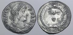 ROMAN IMPERIAL Valens AR Siliqua. Constantinople, AD 364-367. D N VALENS P F AVG, pearl-diademed, draped, and cuirassed bust to right / VOT V within wreath; CONSZ in exergue. RIC IX 13d.16. 2.65g, 18m