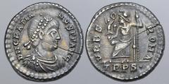 ROMAN IMPERIAL Gratian AR Siliqua. Treveri, AD 367-378. D N GRATIANVS P F AVG, pearl-diademed, draped and cuirassed bust to right / VRBS ROMA, Roma enthroned to left, holding Victory on globe and scep