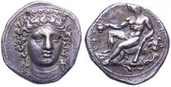 Bruttium, Kroton AR Stater. Circa 420-376 BC. Head of Hera Lakinia facing slightly right, wearing stephane decorated with palmettes / Herakles seated left on rock covered with lion’s skin, holding cup