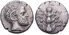 Kyrenaica, Kyrene AR Tetradrachm. Late 5th-4th Century BC. Head of Zeus Ammon right / K-Y-P-A, silphium plant. Weber 8475, BMC 69; McClean 9936, pl.375, 3. 13.25g, 25mm, 12h. Extremely Rare. Extremely