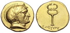 Baktria, Pre-Seleukid Era. Sophytes AV Stater. Circa 315-305 BC. Head of Sophytes right, wearing crested Attic helmet, decorated with laurel wreath, intricate decorations on crest and wing on cheek gu