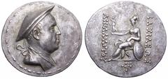 Baktria, Greco-Baktrian Kingdom. Apollodotos I AR Tetradrachm. Circa 180-160 BC. Attic standard. Diademed and draped bust right, wearing kausia; bead and reel border / BASILEWS APOLLODOTOU, Athena sea