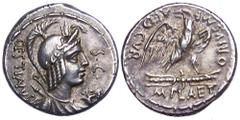 M. Plaetorius M. f. Cestianus AR Denarius. Rome, 67 BC. Bust of ‘Vacuna’ right, wearing a wreathed and crested helmet, bow and quiver on shoulder; cornucopiae below chin; CESTIANVS behind; S•C before 